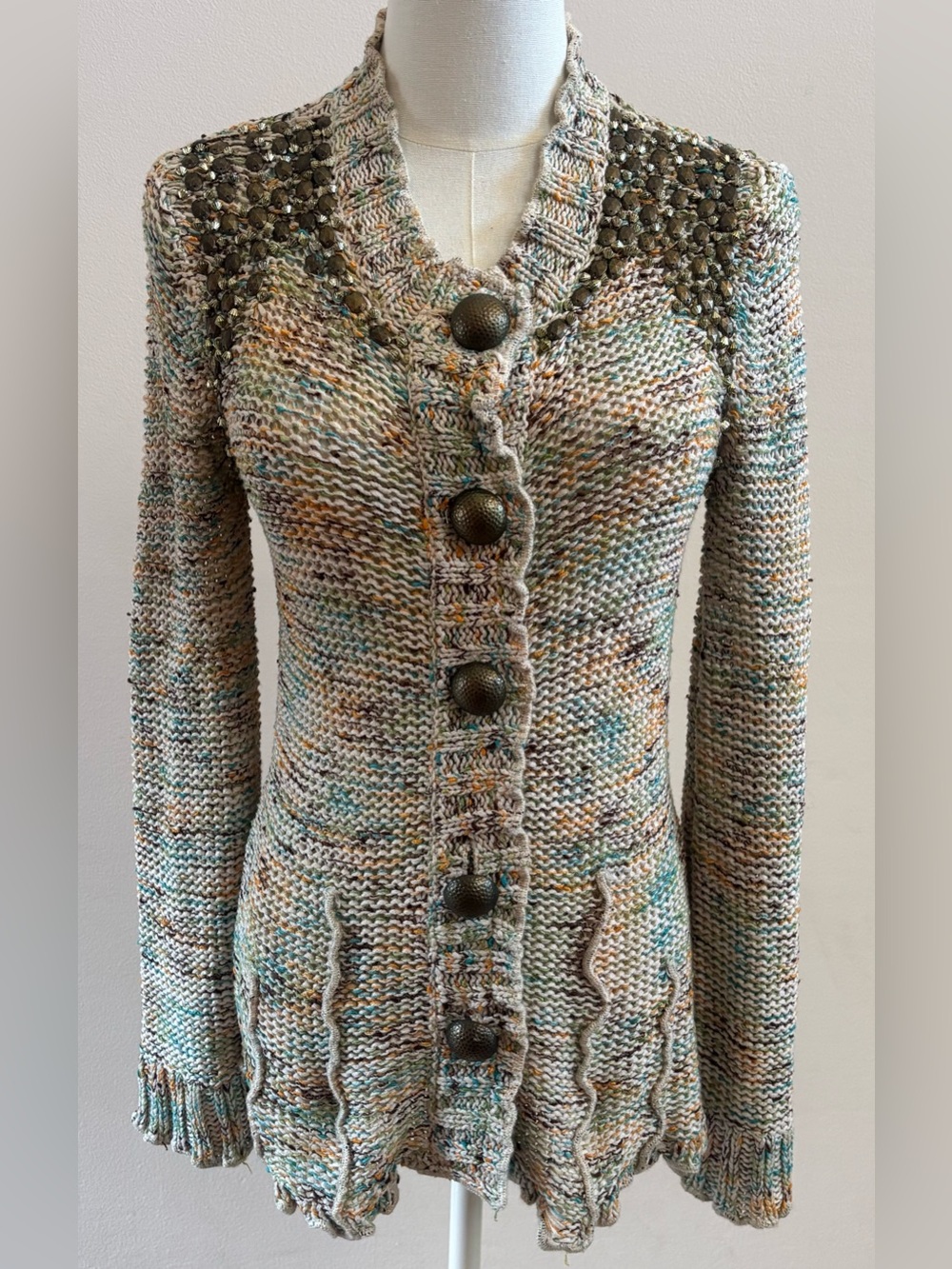 BCBG Max Azria Beaded Knit Cardigan Sweater Small Boho Luxe Embellished